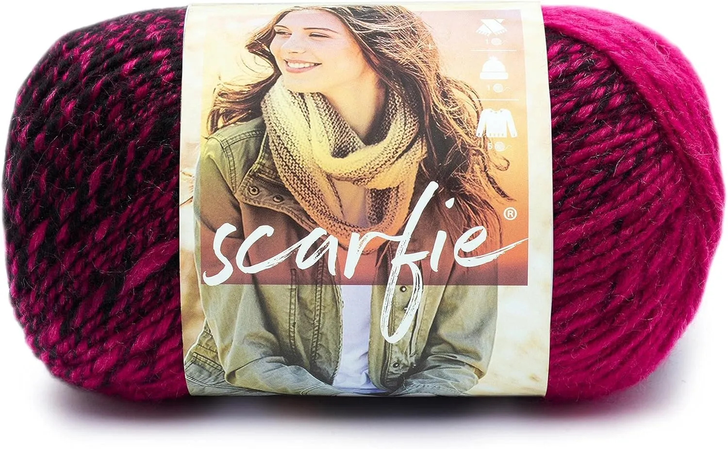 (1 Skein) Lion Brand Yarn Scarfie Bulky Yarn, Black/Hot Pink