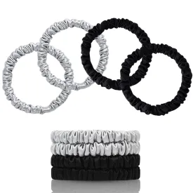100% Mulberry Silk Scrunchies, 4 Count (Black, Silver Gray) - 22 Momme Pure Mulberry Silk, Elastic Hair Ties, Protects Hair from Damage, Suitable for Various Hairstyles, Fashion Item Choice