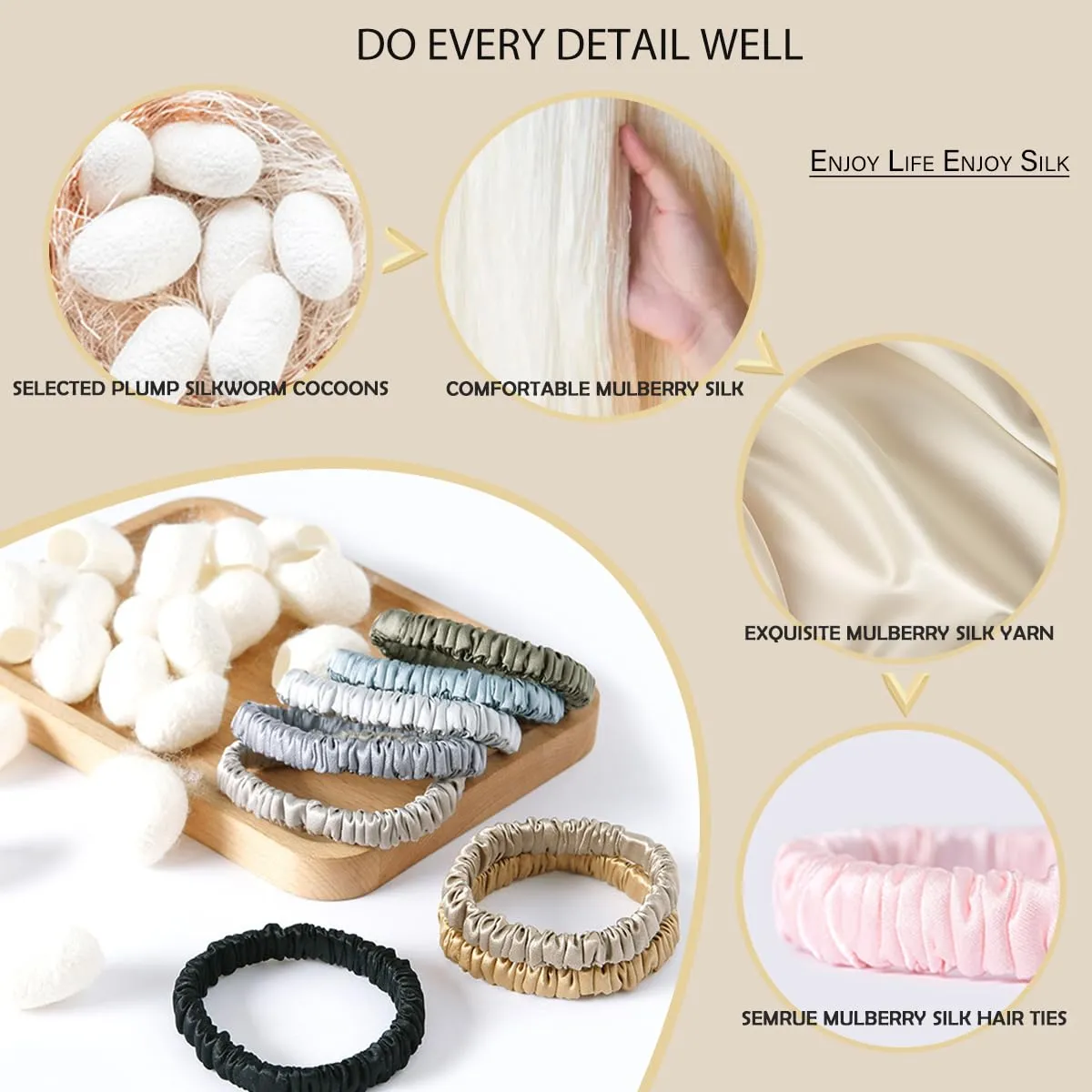 100% Mulberry Silk Scrunchies, 4 Count (Black, Silver Gray) - 22 Momme Pure Mulberry Silk, Elastic Hair Ties, Protects Hair from Damage, Suitable for Various Hairstyles, Fashion Item Choice