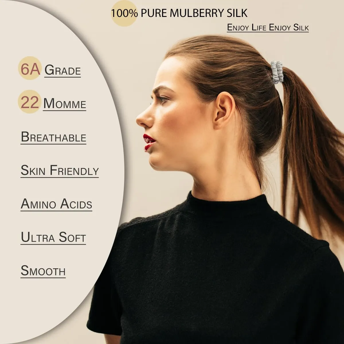100% Mulberry Silk Scrunchies, 4 Count (Black, Silver Gray) - 22 Momme Pure Mulberry Silk, Elastic Hair Ties, Protects Hair from Damage, Suitable for Various Hairstyles, Fashion Item Choice