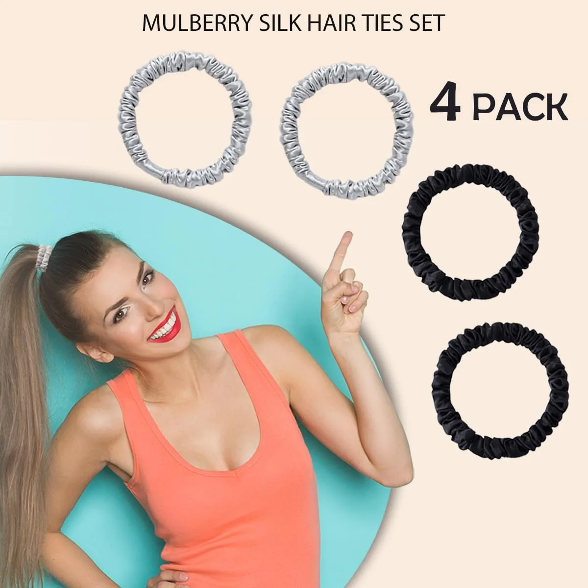 100% Mulberry Silk Scrunchies, 4 Count (Black, Silver Gray) - 22 Momme Pure Mulberry Silk, Elastic Hair Ties, Protects Hair from Damage, Suitable for Various Hairstyles, Fashion Item Choice