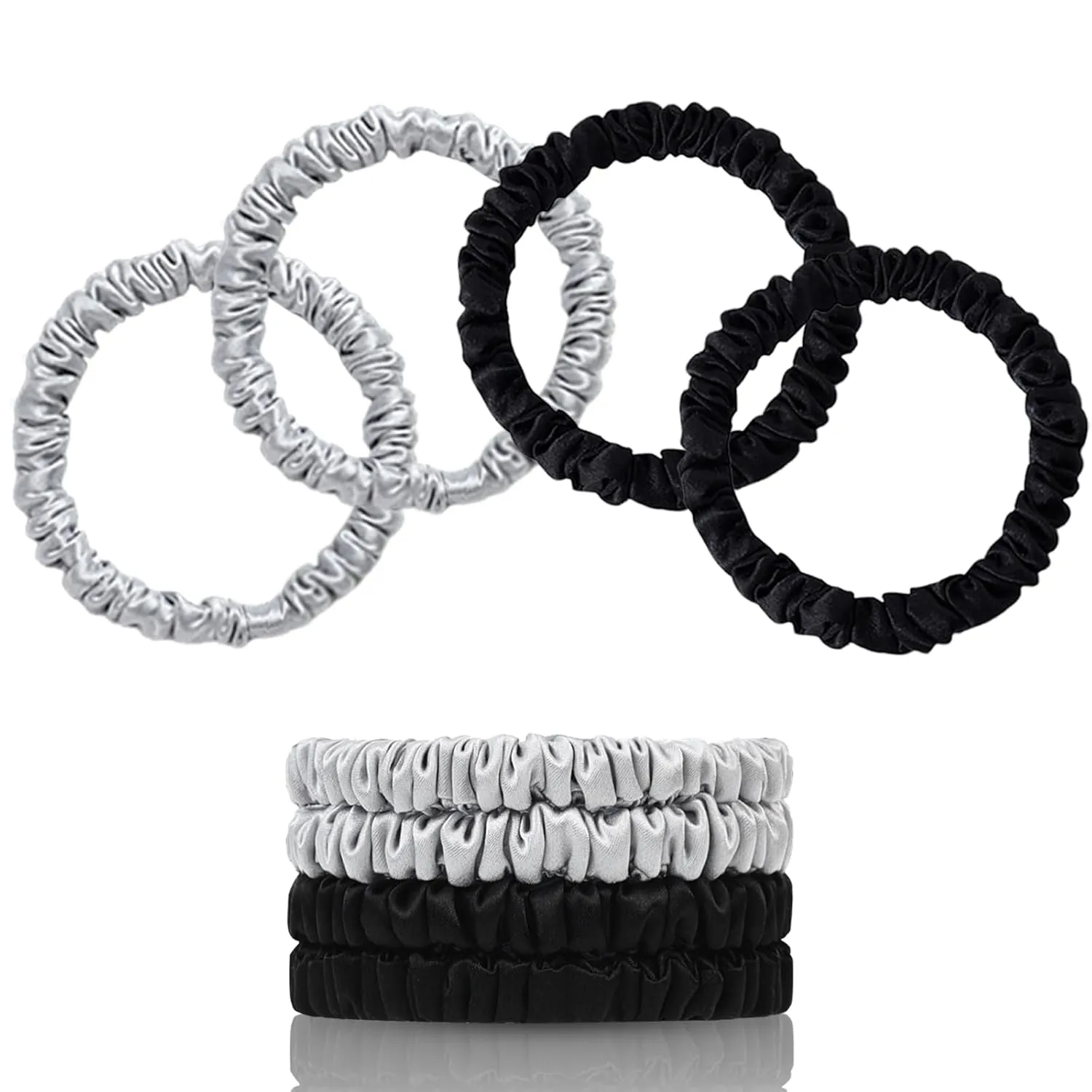100% Mulberry Silk Scrunchies, 4 Count (Black, Silver Gray) - 22 Momme Pure Mulberry Silk, Elastic Hair Ties, Protects Hair from Damage, Suitable for Various Hairstyles, Fashion Item Choice