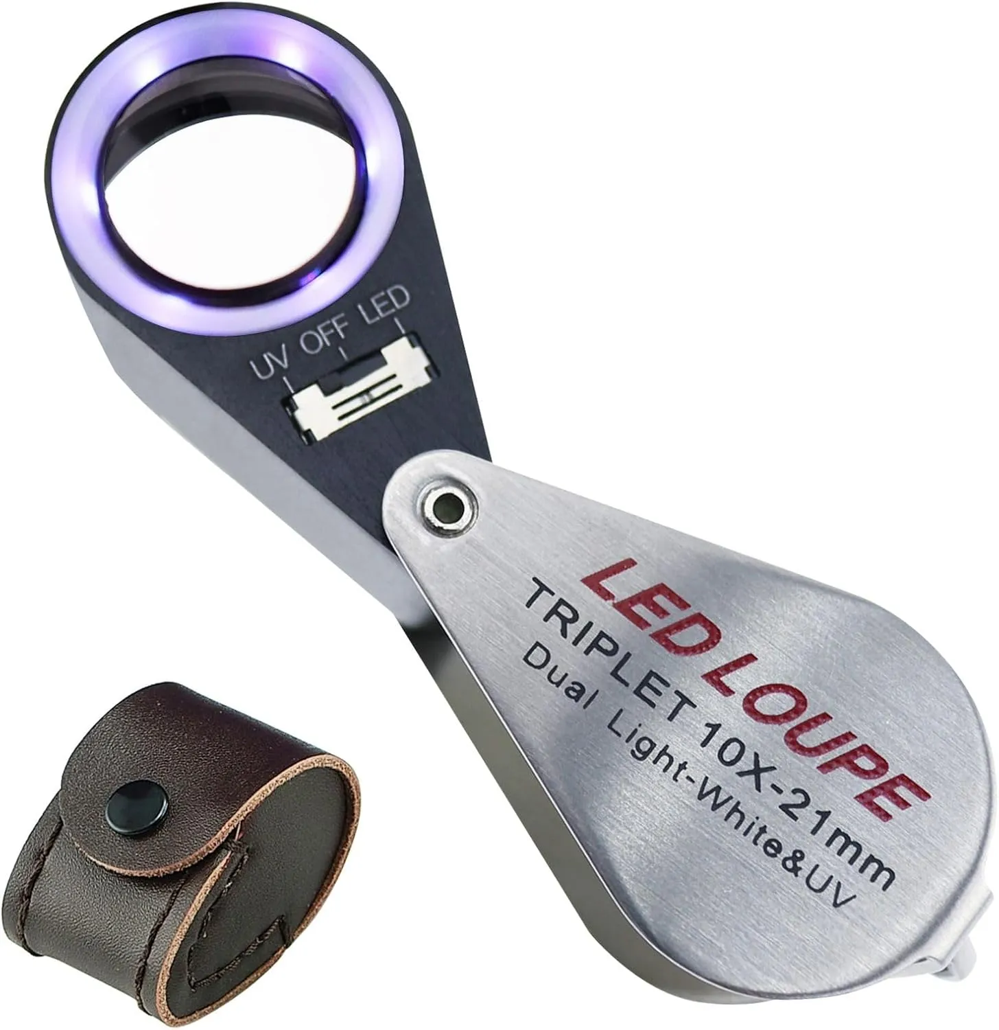 10x Foldable Pocket Magnifier Loupe with UV and LED Light for Jewelry, Rocks, Coins, and Antiques - Illuminated Magnifying Tool for Eye, Stamps, Watches, Hobbies, and Gems
