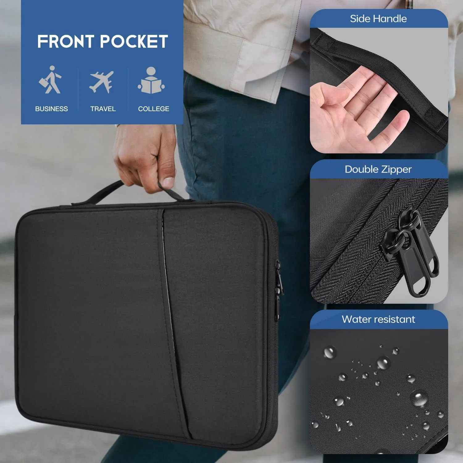 13 inch Laptop Sleeve Case for 2025-2022 MacBook Air 13.6 inch M4 M3 M2 Chip A3240 A3113 A2681 Water-Resistant Shockproof Handle Bag Cover w/Accessory Pocket -Black