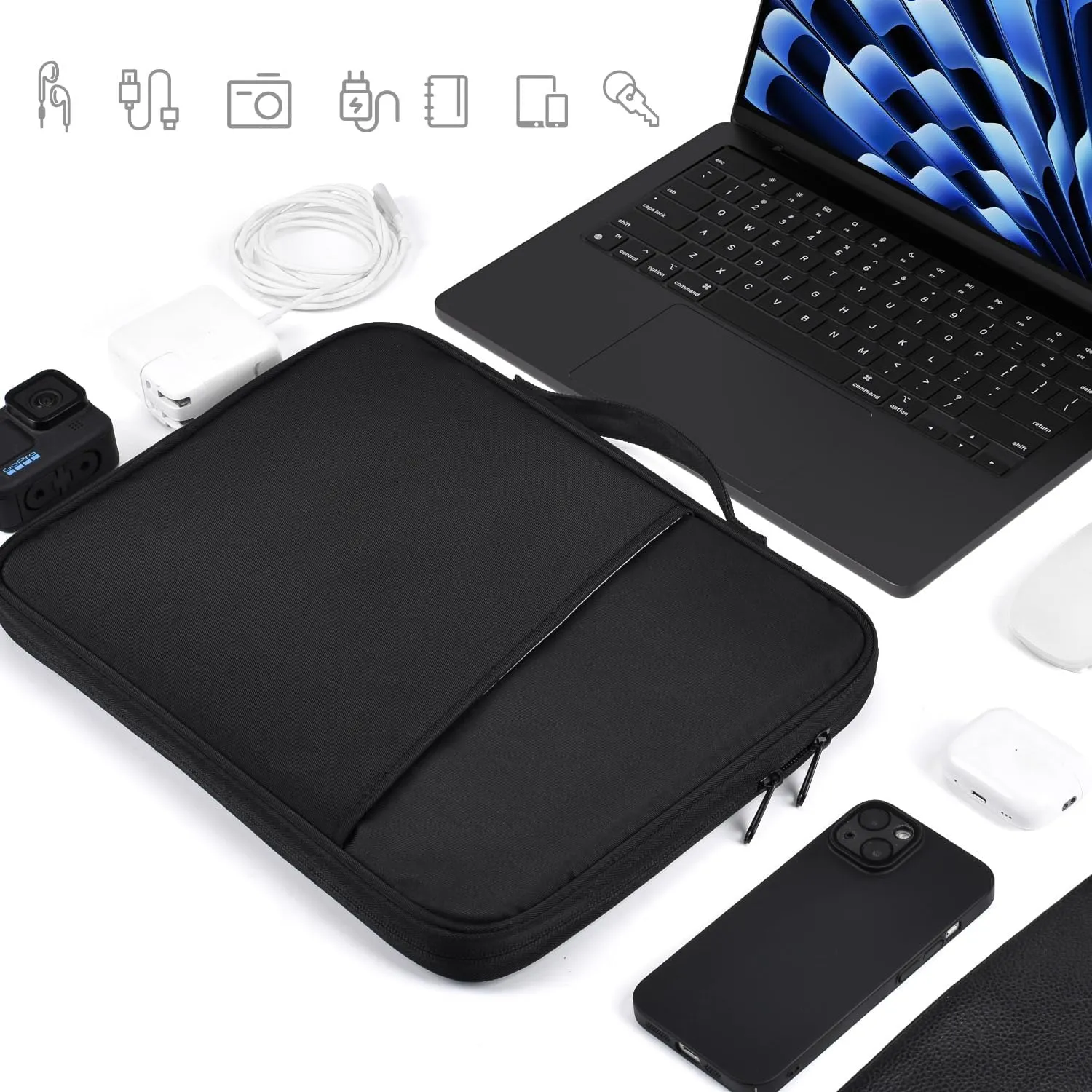 13 inch Laptop Sleeve Case for 2025-2022 MacBook Air 13.6 inch M4 M3 M2 Chip A3240 A3113 A2681 Water-Resistant Shockproof Handle Bag Cover w/Accessory Pocket -Black