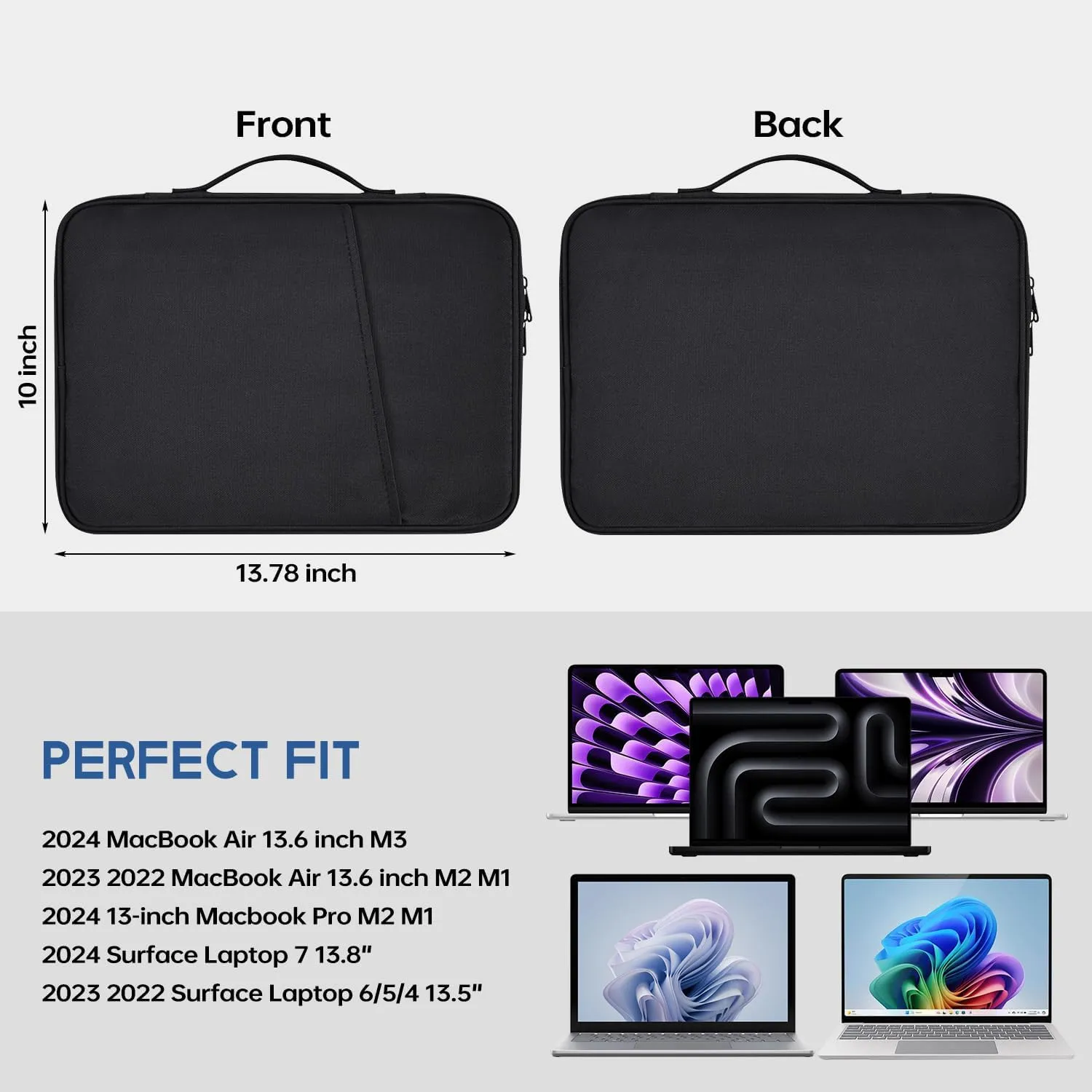 13 inch Laptop Sleeve Case for 2025-2022 MacBook Air 13.6 inch M4 M3 M2 Chip A3240 A3113 A2681 Water-Resistant Shockproof Handle Bag Cover w/Accessory Pocket -Black