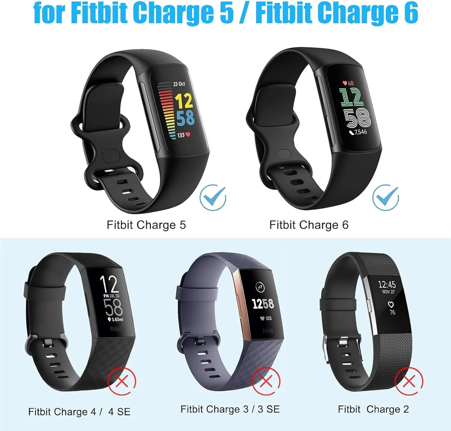 2 Pack Compatible with Fitbit Charge 5 Bands/Fitbit Charge 6 Bands for Women Men, Soft Breathable Sports Adjustable Replacement Wristbands for Women Men