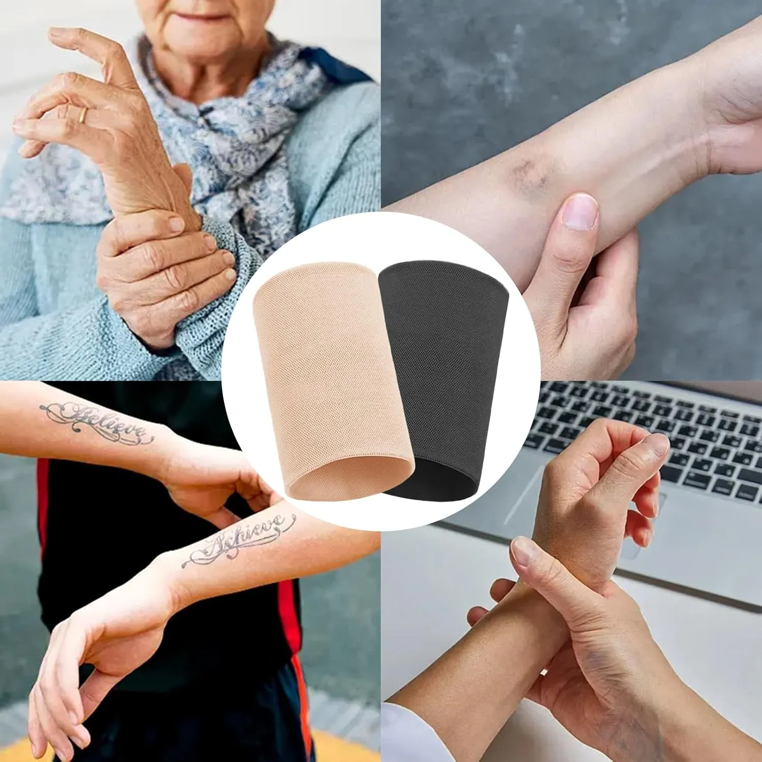 2 Pairs Wrist Wraps Men & Women Black Sport Compression Wrist Brace Wrist Sleeve Elastic Wrist Widget Bands Supports Carpal Tunnel Tattoo Cover Up(Medium)