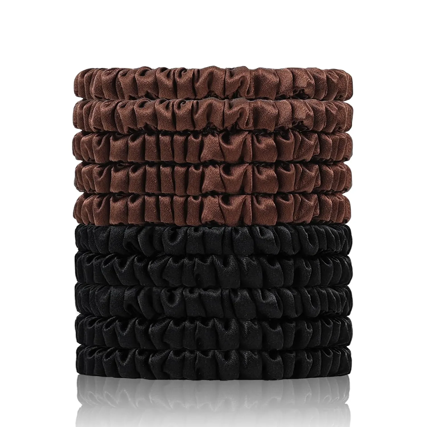 22 Momme 100% Pure Mulberry Silk Scrunchies (10 PCS) - Small Hair Elastics and Ties for Women Sleep, Hair Care No Damage, Black*5 Brown*5