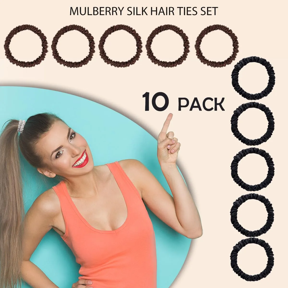 22 Momme 100% Pure Mulberry Silk Scrunchies (10 PCS) - Small Hair Elastics and Ties for Women Sleep, Hair Care No Damage, Black*5 Brown*5