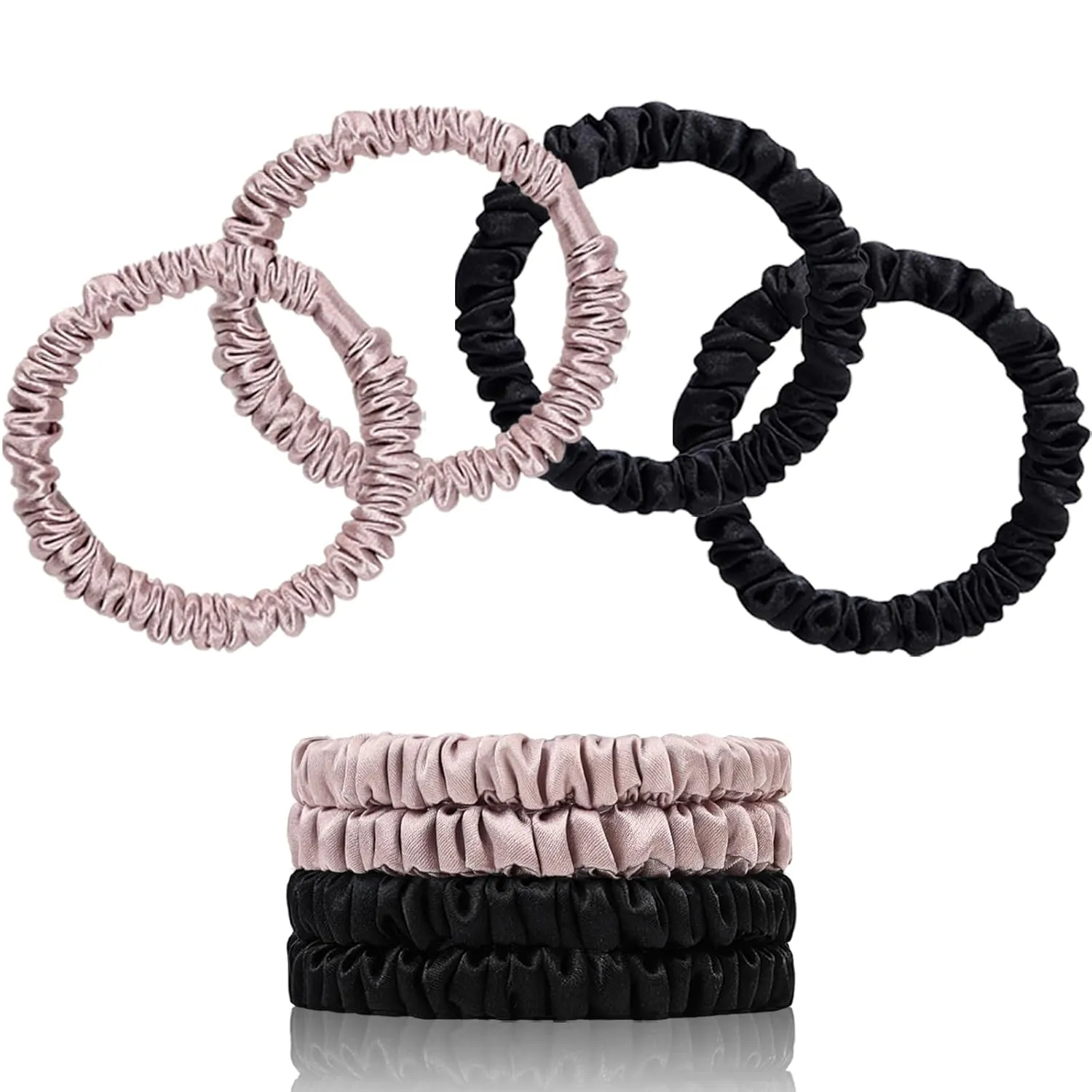 22 Momme Pure Mulberry Silk Scrunchies, Silk Hair Ties Elastics for Hair Sleep, Hair Care and No Damage, 4 PCS (Black*2 Lotus Pink*2)