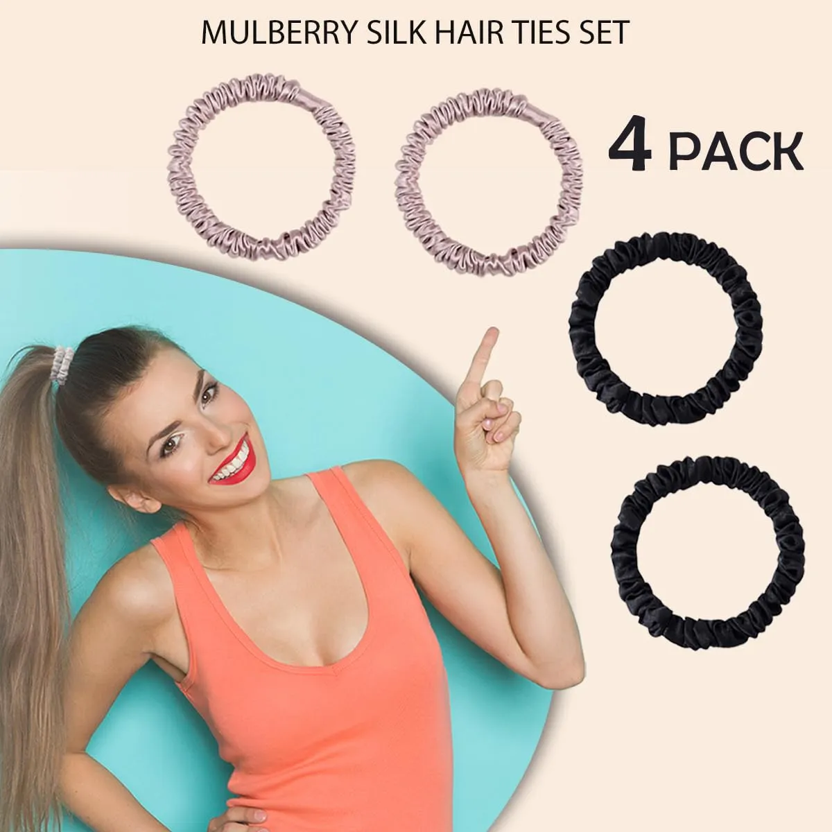 22 Momme Pure Mulberry Silk Scrunchies, Silk Hair Ties Elastics for Hair Sleep, Hair Care and No Damage, 4 PCS (Black*2 Lotus Pink*2)