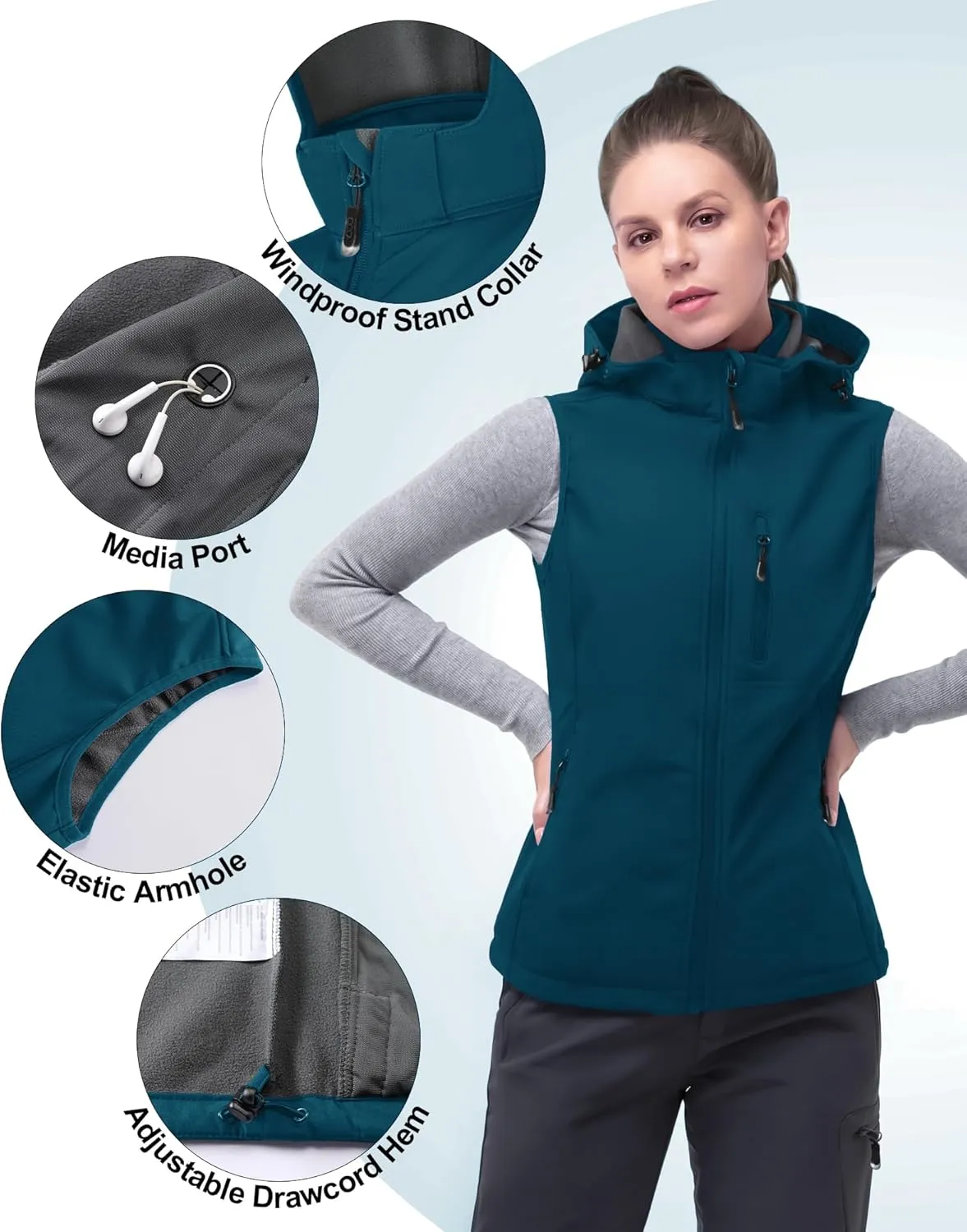 33,000ft Women's Hooded Lightweight Softshell Vest Fleece Lined Windproof Zip Up Sleeveless Jacket for Hiking Golf Running