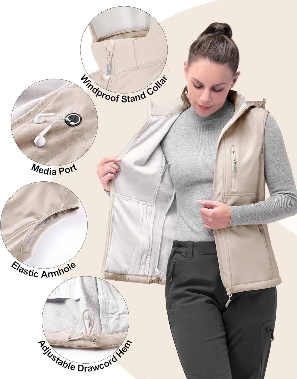 33,000ft Women's Hooded Lightweight Softshell Vest Fleece Lined Windproof Zip Up Sleeveless Jacket for Hiking Golf Running