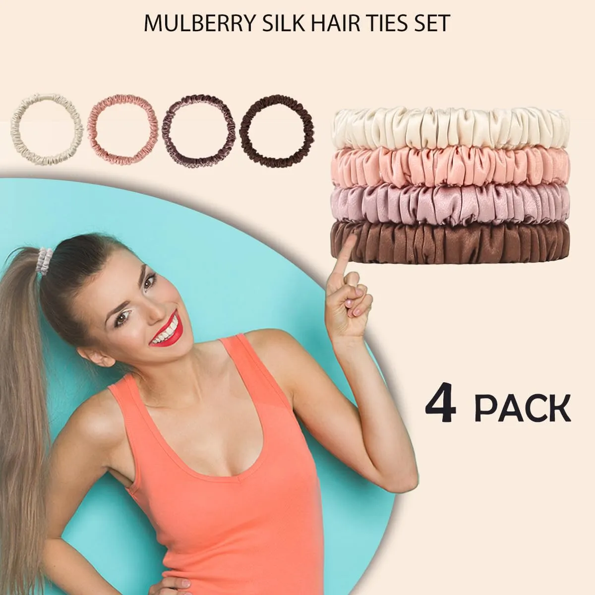 4 Count Silk Hair Ties 22 Momme 100% Pure Mulberry, Beige, Coral, Brown, Cameo Brown for Hair Sleep, Small Scrunchies for Women