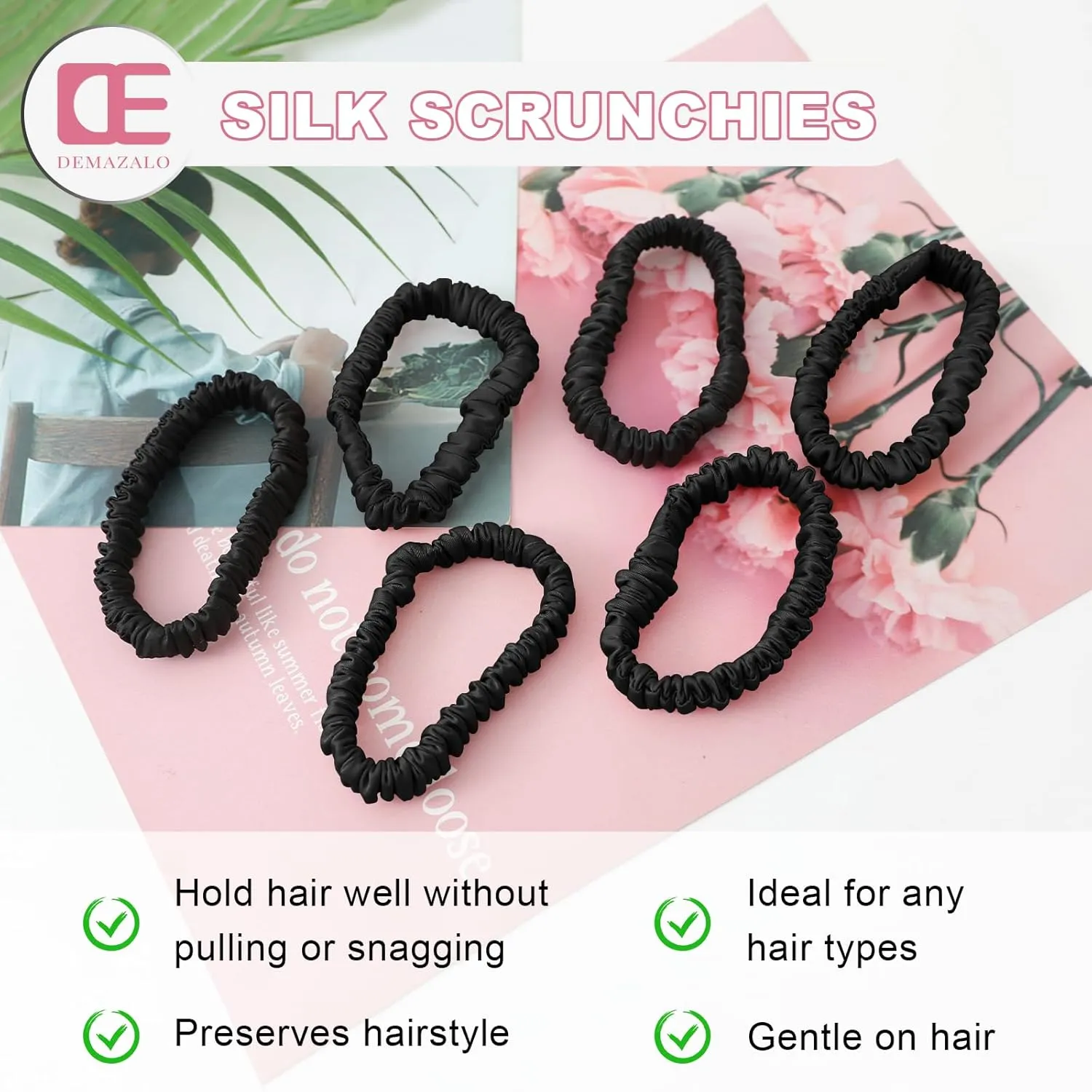 6PCS 100% Mulberry Silk Scrunchies Small Black Silk Hair Ties No Damage Satin Hair Scrunchies for Women Girls Simple Versatile High Elasticity DEMAZALO
