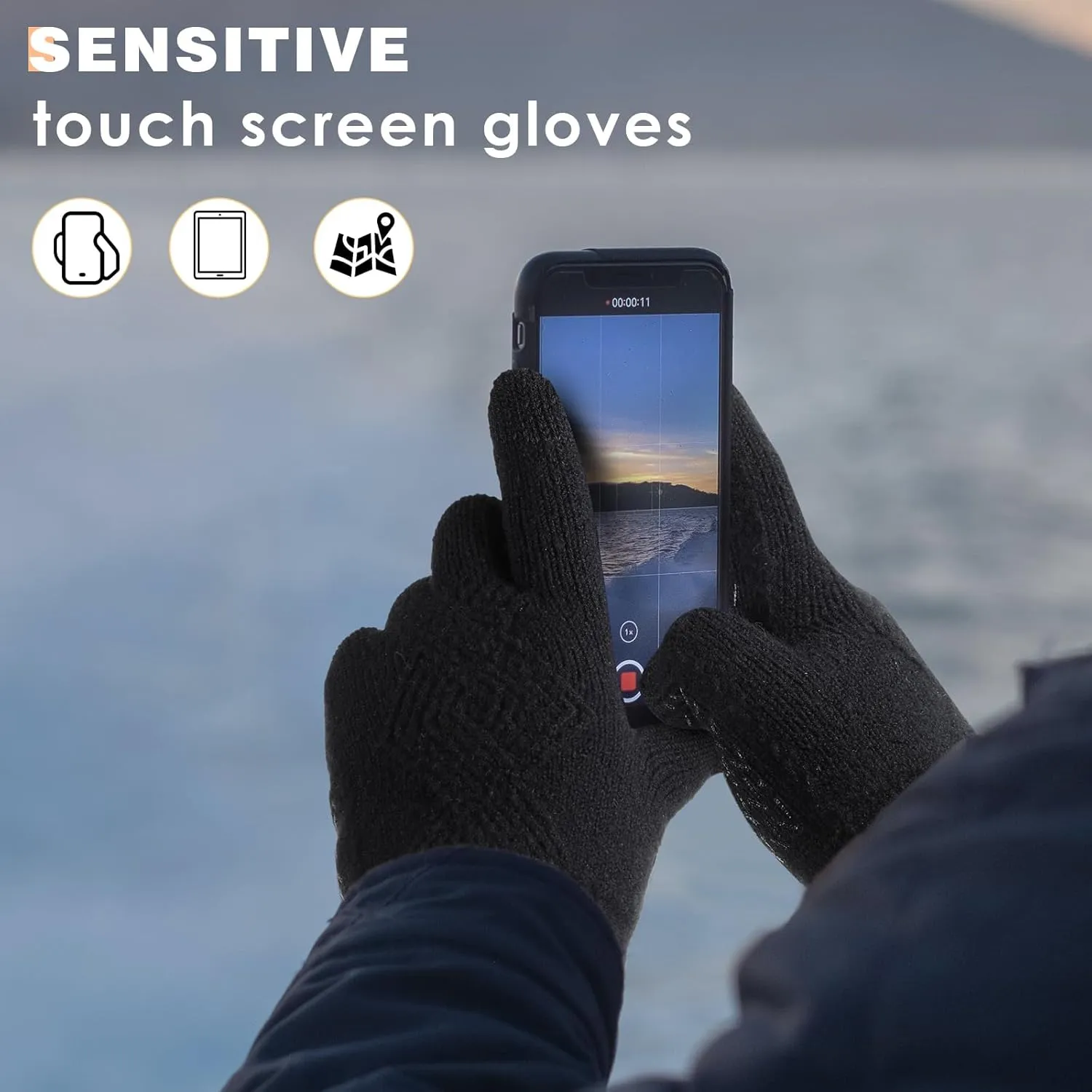 Achiou Winter Gloves for Men Women, Thicken Touch Screen Glove, Dual-Layer Knit Lining, Running Gloves for Cold Weather