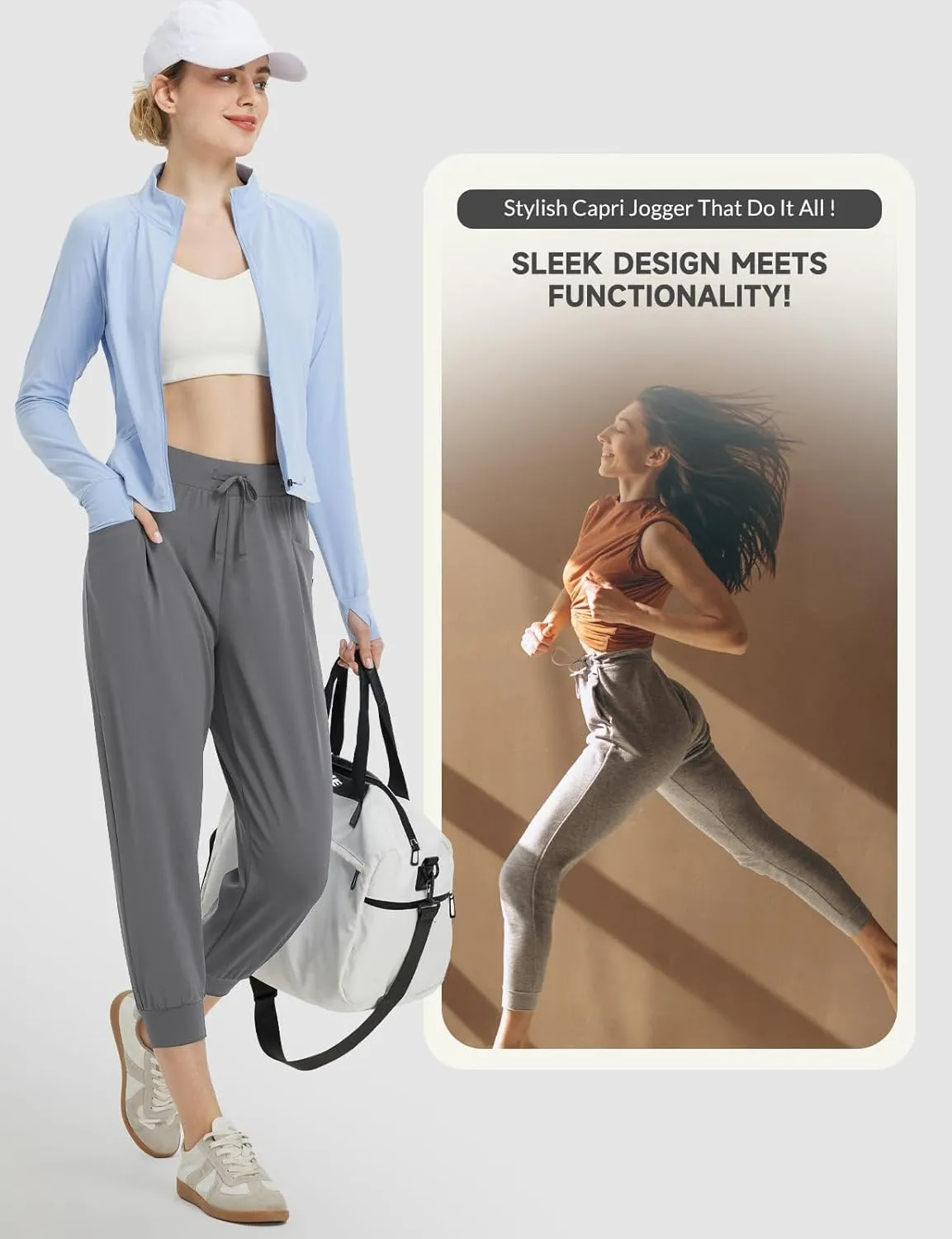 baleaf Women's Petite Joggers Capri Sweatpants Drawstring Track Pants Travel Lounge Cropped Pants with Pockets