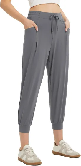 baleaf Women's Petite Joggers Capri Sweatpants Drawstring Track Pants Travel Lounge Cropped Pants with Pockets