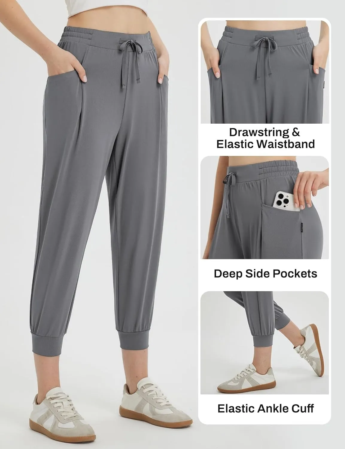 baleaf Women's Petite Joggers Capri Sweatpants Drawstring Track Pants Travel Lounge Cropped Pants with Pockets