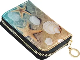 Beach Starfish and Seashell RFID Credit Card Wallet, Microfiber Leather Zipper Card Case Holder for Women