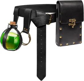 Belt Pouch Waist Bag Fanny Pack Steampunk Phone Holder Medieval Bag Leather Belt Renaissance Cosplay Costume Accessories (3Bottle-Black)
