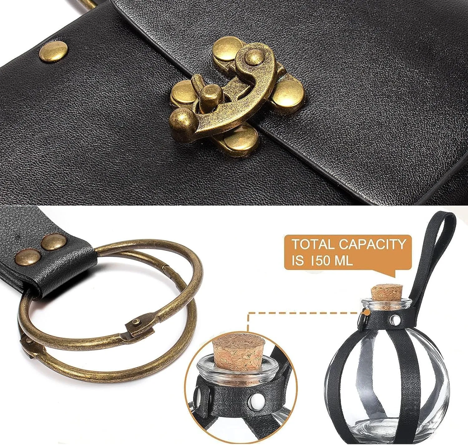 Belt Pouch Waist Bag Fanny Pack Steampunk Phone Holder Medieval Bag Leather Belt Renaissance Cosplay Costume Accessories (3Bottle-Black)