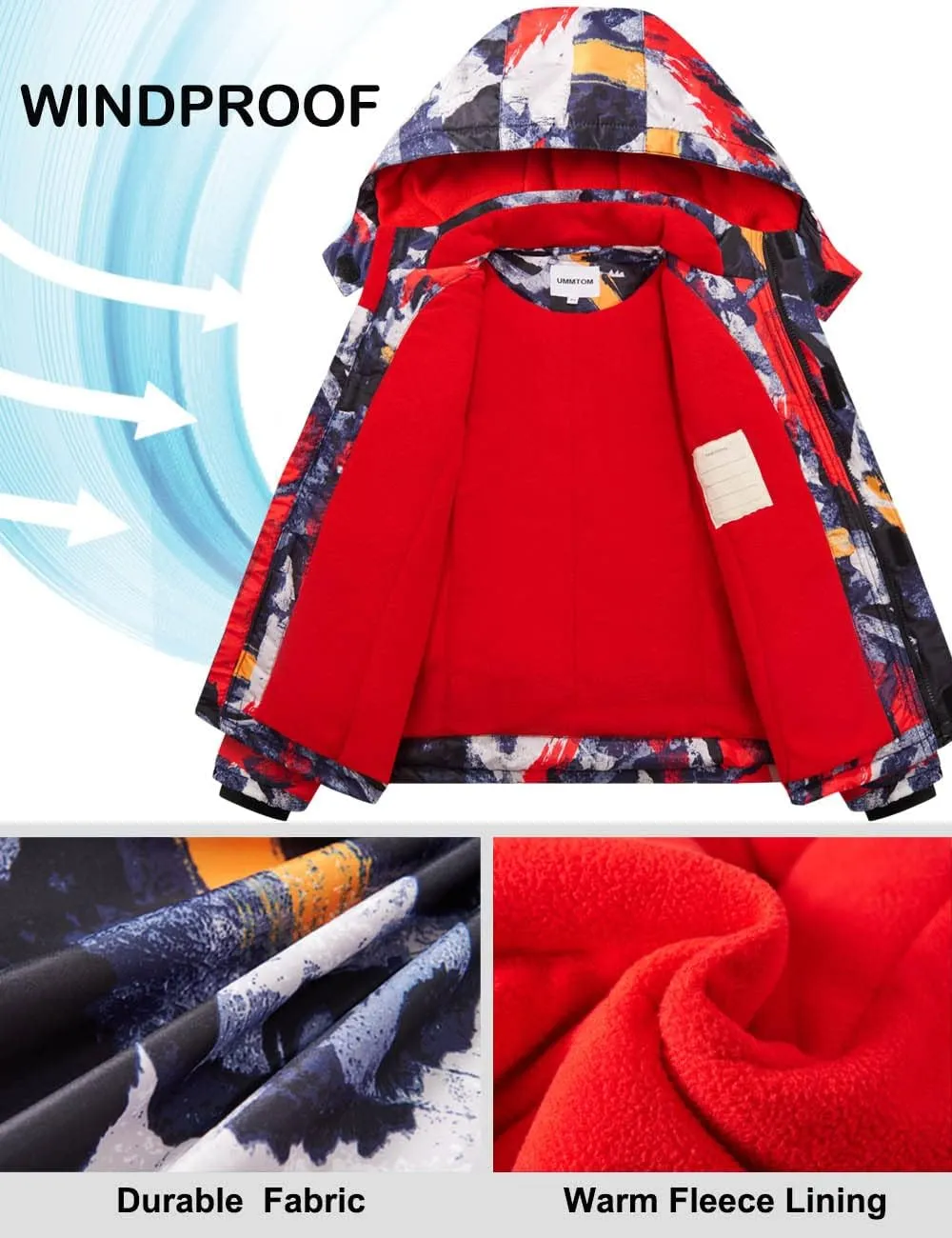Boys Waterproof Ski Jacket Fleece Lined Warm Winter Snow Coat Hooded Winter Jacket for Kids