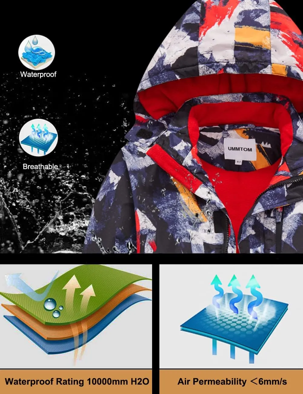 Boys Waterproof Ski Jacket Fleece Lined Warm Winter Snow Coat Hooded Winter Jacket for Kids