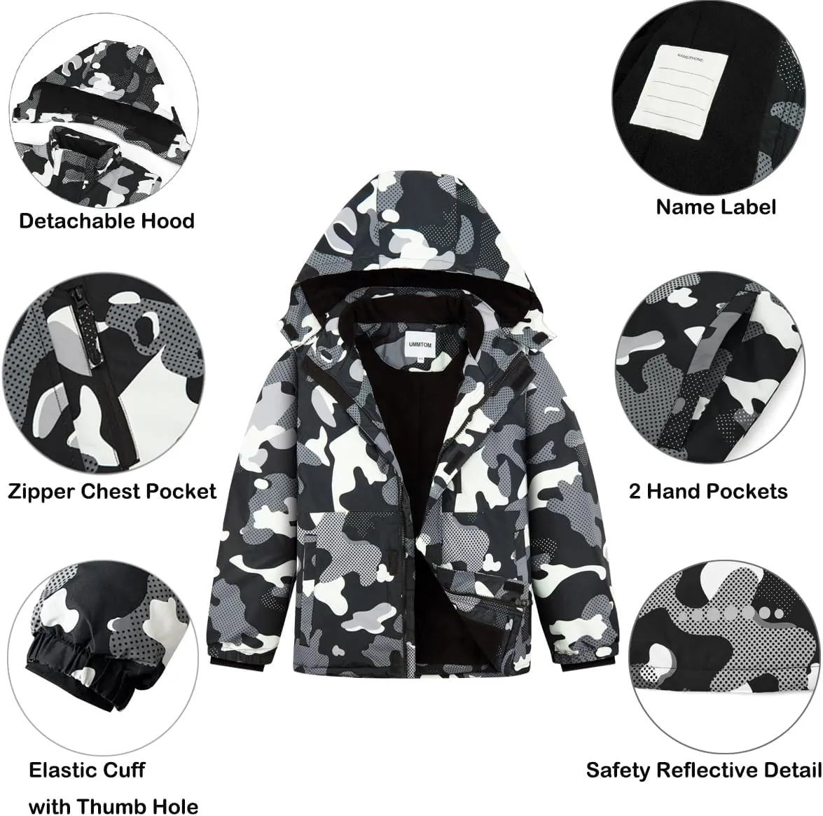 Boys Waterproof Ski Jacket Fleece Lined Warm Winter Snow Coat Hooded Winter Jacket for Kids