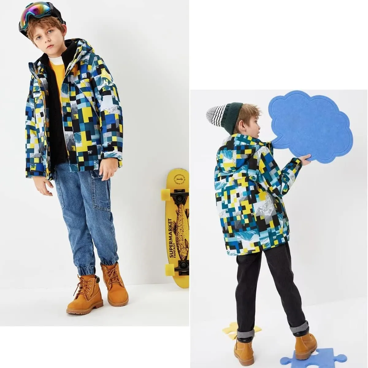 Boys Waterproof Ski Jacket Fleece Lined Warm Winter Snow Coat Hooded Winter Jacket for Kids