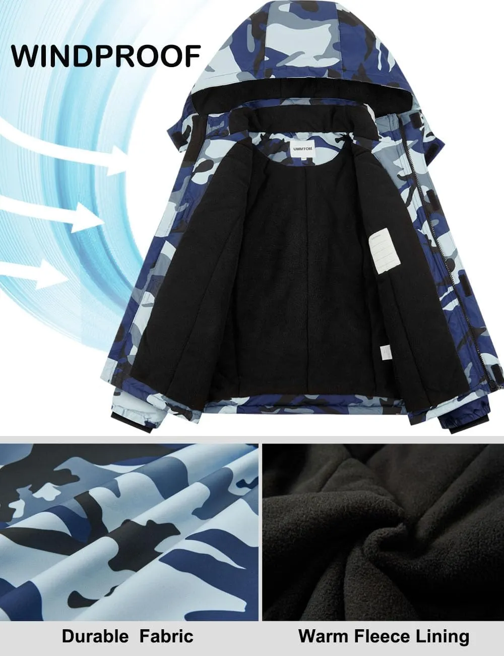 Boys Waterproof Ski Jacket Fleece Lined Warm Winter Snow Coat Hooded Winter Jacket for Kids