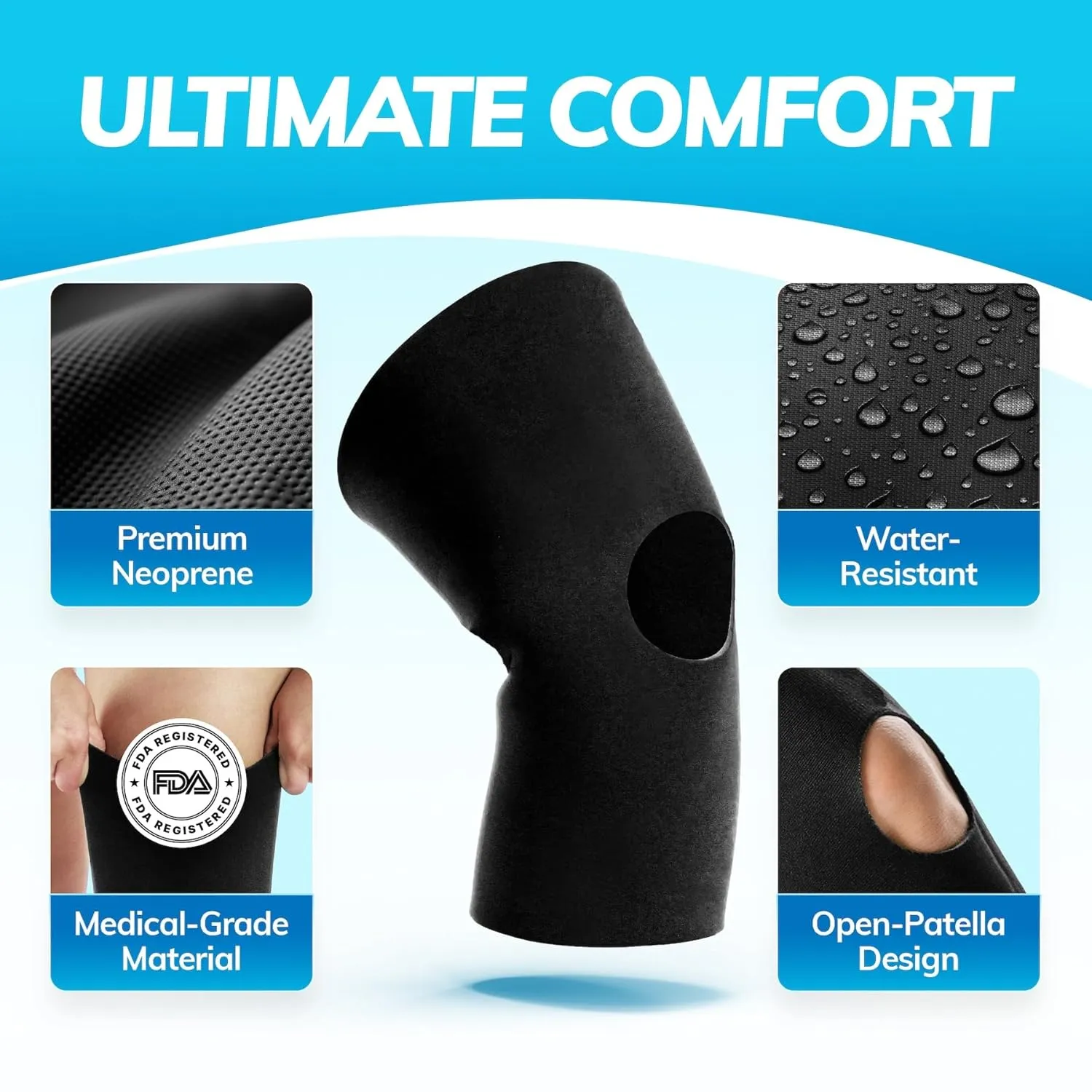 BraceAbility Open Patella/Open Back Neoprene Knee Sleeve | Water-Resistant Athletic Compression Knee Brace for Swimming, Wakeboarding, Scuba Diving, Surfing, Waterskiing and Other Sports (3XL)