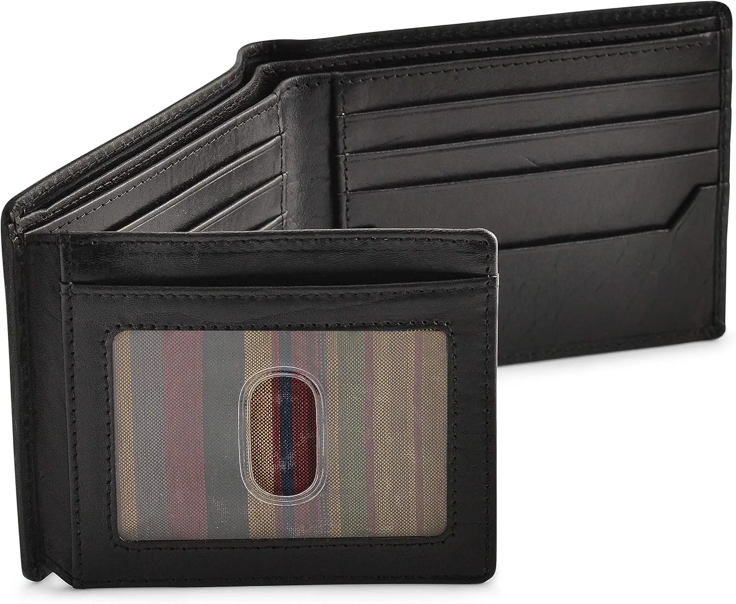 BULL GUARD Black Leather Wallet for Men with RFID Blocking - Bifold High Capacity with Side Flip 2 ID Windows and 10 Credit Cards Slots