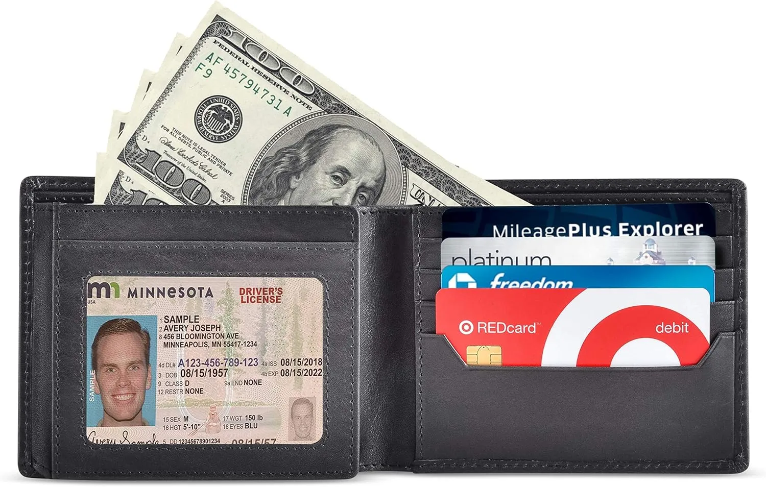 BULL GUARD Black Leather Wallet for Men with RFID Blocking - Bifold High Capacity with Side Flip 2 ID Windows and 10 Credit Cards Slots