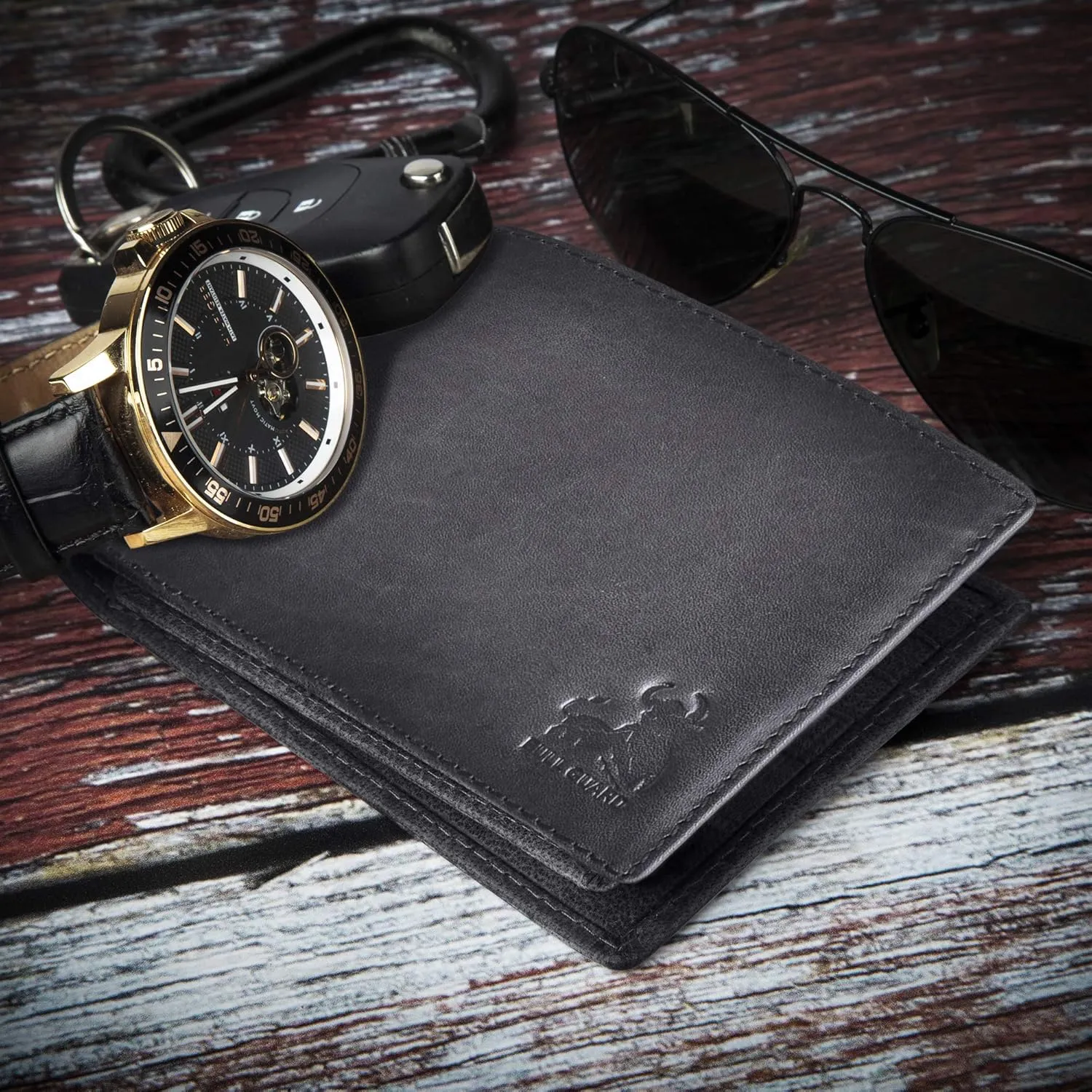 BULL GUARD Black Leather Wallet for Men with RFID Blocking - Bifold High Capacity with Side Flip 2 ID Windows and 10 Credit Cards Slots