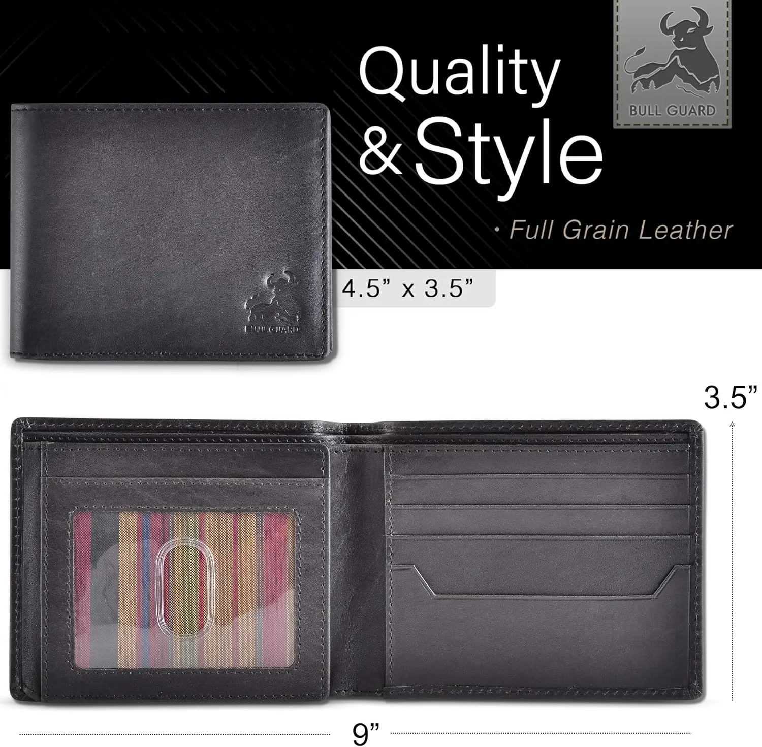BULL GUARD Black Leather Wallet for Men with RFID Blocking - Bifold High Capacity with Side Flip 2 ID Windows and 10 Credit Cards Slots