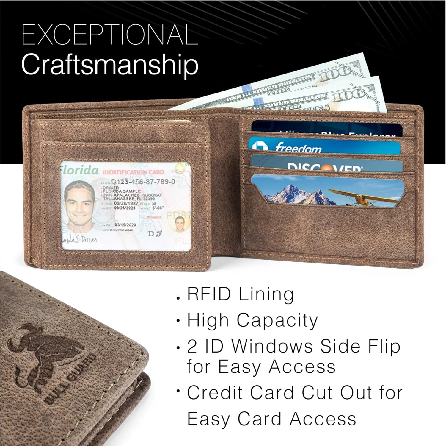 BULL GUARD RFID Mens Bifold Leather Wallet with 2 ID Windows Premium Security Full Grain Leather High Capacity Credit Card Wallet