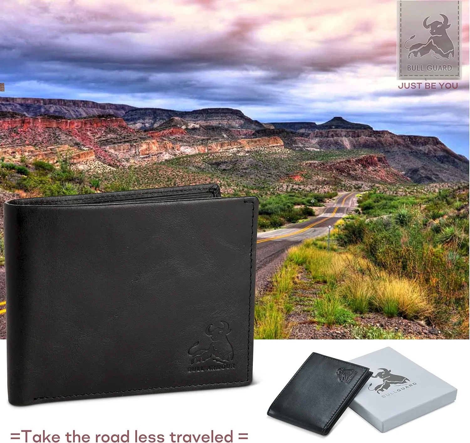 BULL GUARD Vintage Black Leather Wallet for Men RFID Blocking Bifold With ID