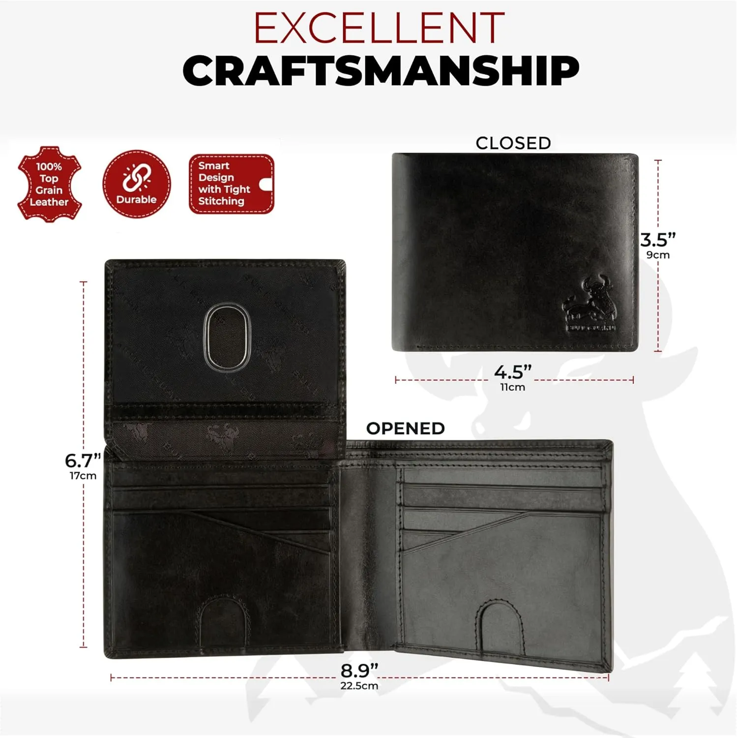 BULL GUARD Vintage Black Leather Wallet for Men RFID Blocking Bifold With ID