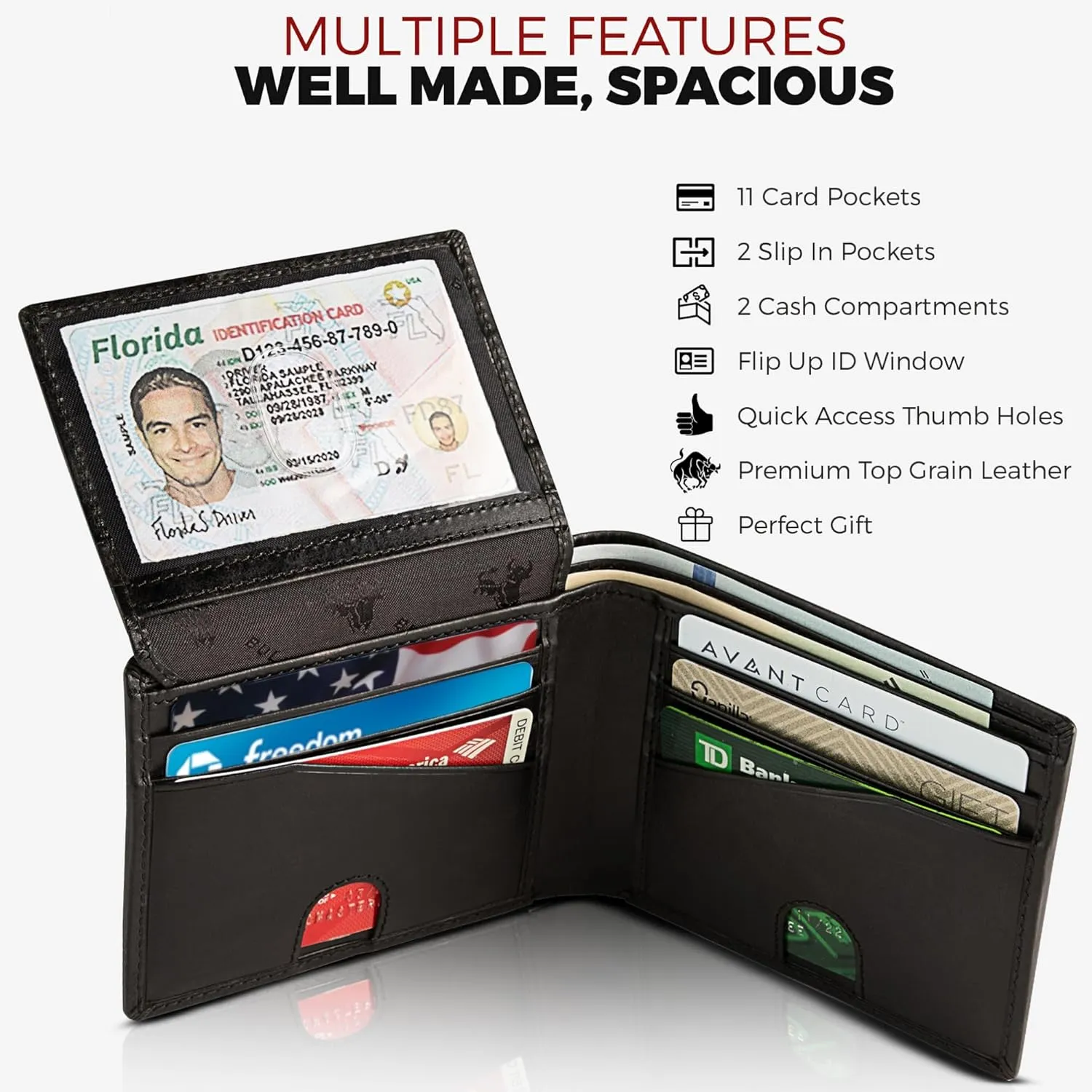 BULL GUARD Vintage Black Leather Wallet for Men RFID Blocking Bifold With ID