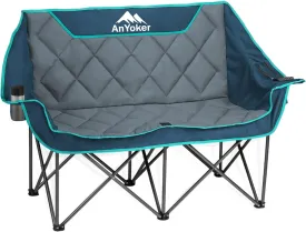 Camping Oversized Folding Chair, Fully Padded Loveseat for 2 Person Portable Double Chair Camp Beach Arm Chair with Cup Holder and Cooler Pouch Camping Couch with Carry BagBlue