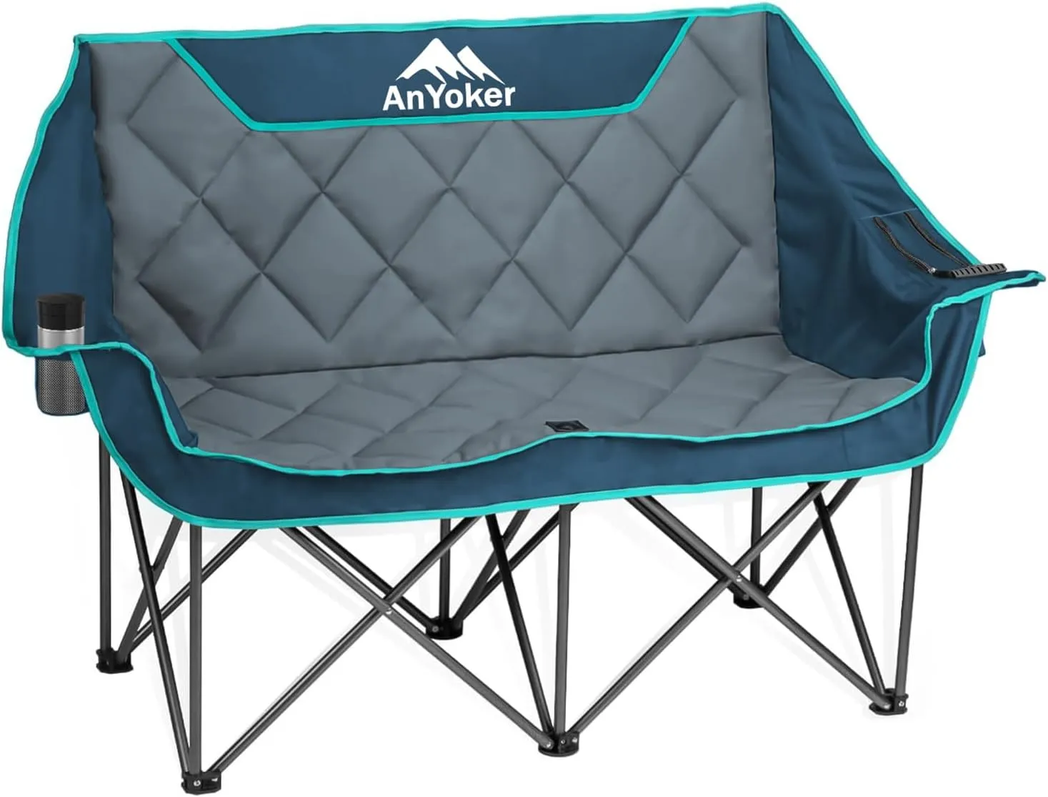 Camping Oversized Folding Chair, Fully Padded Loveseat for 2 Person Portable Double Chair Camp Beach Arm Chair with Cup Holder and Cooler Pouch Camping Couch with Carry BagBlue