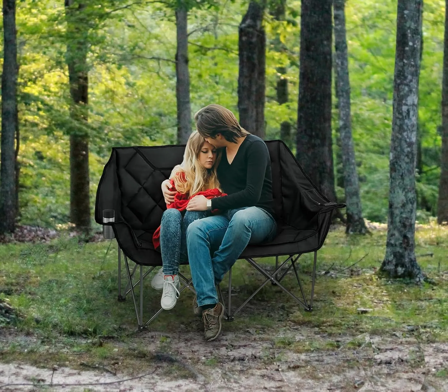 Camping Oversized Folding Chair, Fully Padded Loveseat for 2 Person Portable Double Chair Camp Beach Arm Chair with Cup Holder and Cooler Pouch Camping Couch with Carry BagBlue