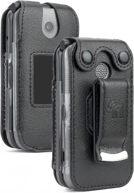 Case for Coolpad Belleza Flip Phone, Nakedcellphone [Black Vegan Leather] Form-Fit Cover with [Built-in Screen Protection] and [Metal Belt Clip] for CP3321AT