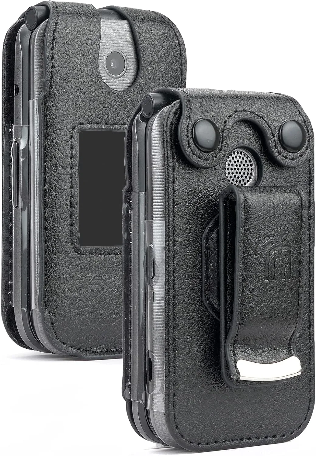 Case for Coolpad Belleza Flip Phone, Nakedcellphone [Black Vegan Leather] Form-Fit Cover with [Built-in Screen Protection] and [Metal Belt Clip] for CP3321AT