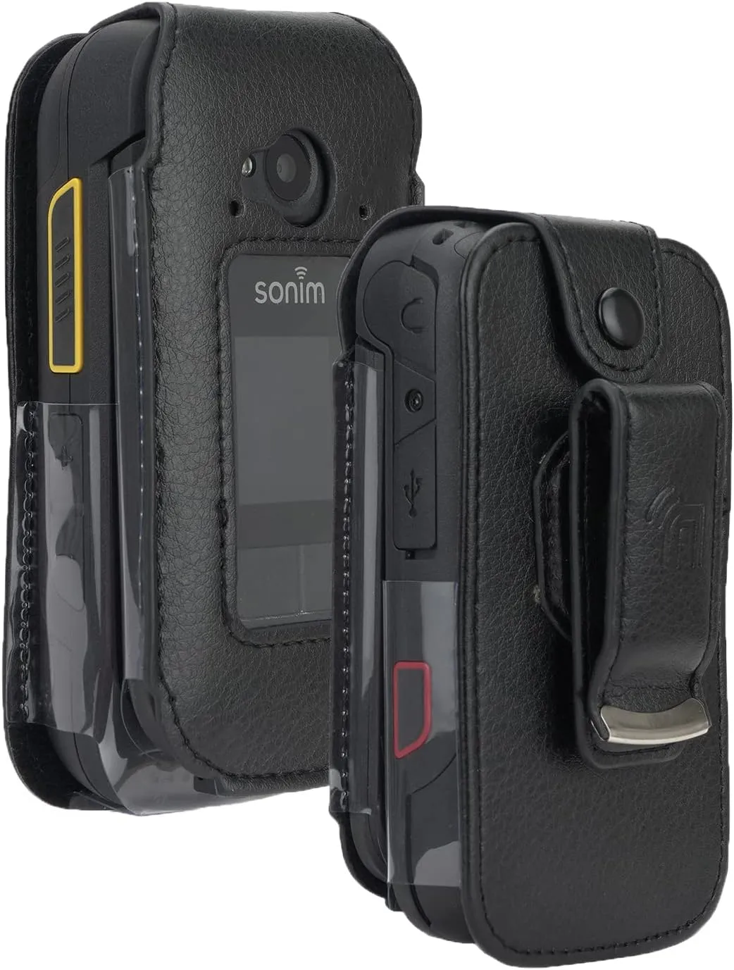 Case for Sonim XP3 Plus 4G Flip Phone, Nakedcellphone [Black Vegan Leather] Form-Fit Cover with [Built-in Screen Protection] and [Metal Belt Clip] for XP3plus (Model XP3900, Year 2021)