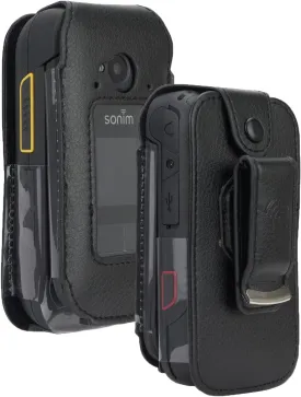 Case for Sonim XP3 Plus 4G Flip Phone, Nakedcellphone [Black Vegan Leather] Form-Fit Cover with [Built-in Screen Protection] and [Metal Belt Clip] for XP3plus (Model XP3900, Year 2021)