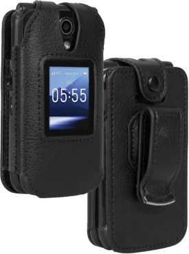 Case for Verizon Orbic Journey Pro/Lite Flip Phone, Nakedcellphone [Black Vegan Leather] Form-Fit Cover [Built-in Screen Protection] and [Metal Belt Clip] for R320L (2024)