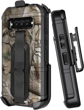 Case   Hand Strap   Holster Combo for Kyocera DuraForce Pro 3 Phone, Nakedcellphone Special Ops Camouflage Rugged Shield Cover and Ratchet Belt Clip Holder - Tree Real Woods Camo Design